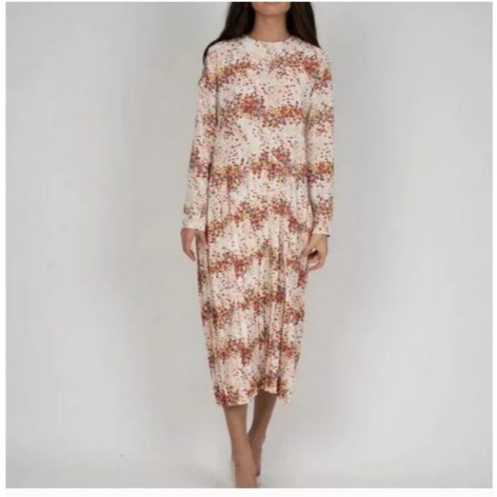 MDRN Balfour Pleated Ditsy Floral Long Sleeve Drop Waist Tea Length Dress Size X